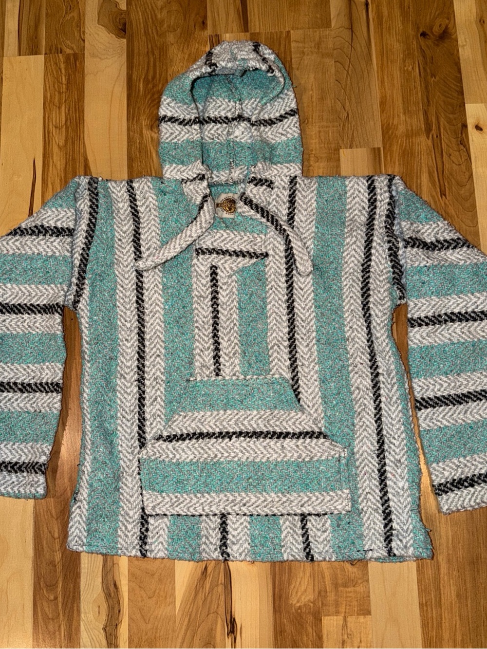 Earth Ragz Striped Hooded Baja Pullover in Aqua and White